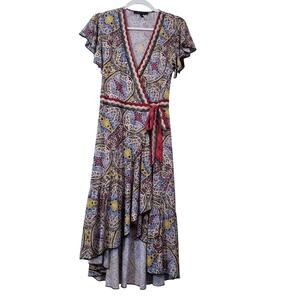BCBGMaxAzria Printed Midi Wrap Dress High Low Flutter Sleeves
